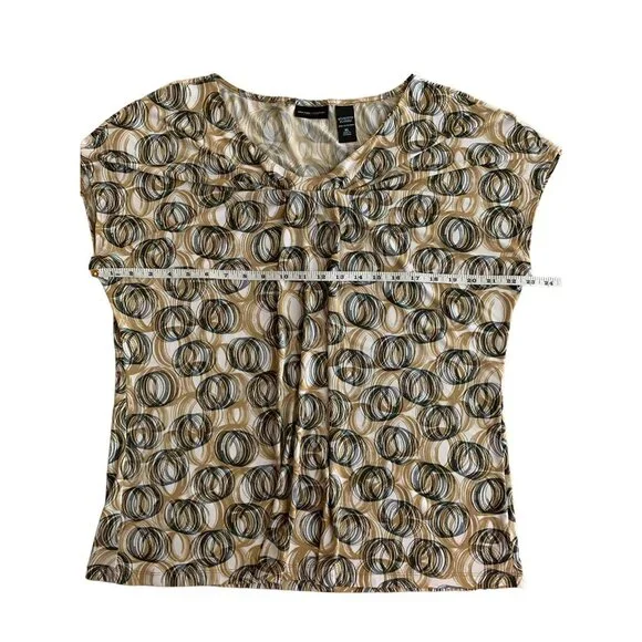New York & Company Womens Stretch Top Beige & Black Circles Pattern Short Sleeve - Picture 5 of 10
